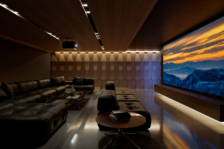 Elegant home theater featuring two rows of seats and a large screen showing a landscape view of mountains. 